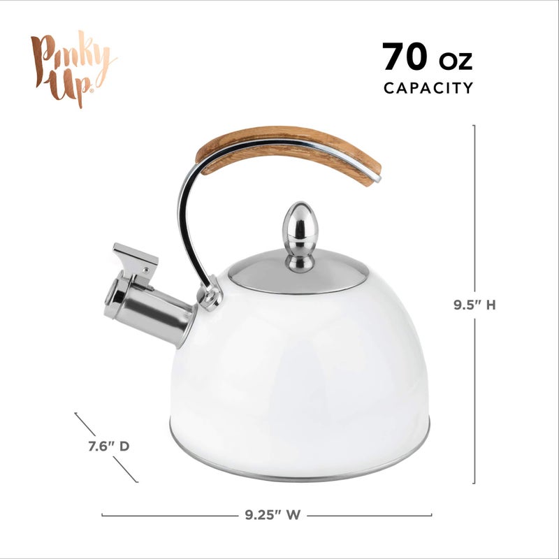 Pinky Up Presley Tea Kettle, Stovetop Stainless Steel Kettle, Whistling, Tea Accessory Gifts, Fast Boil Water Kettle, Wooden Handle, 70 Oz, White - Image 3